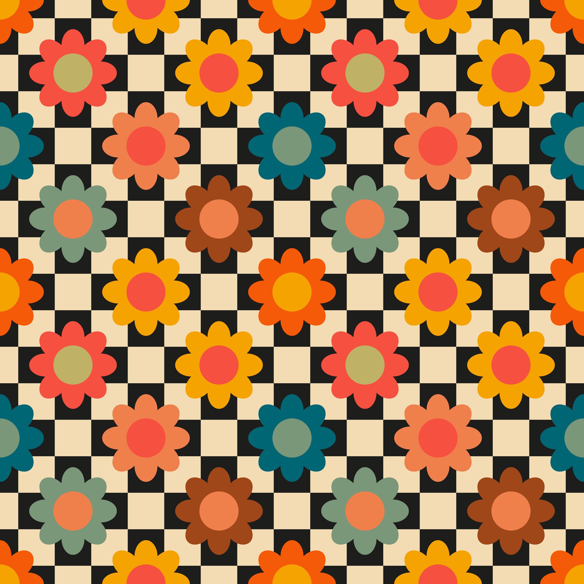 Retro seamless pattern with flowers in 60s style